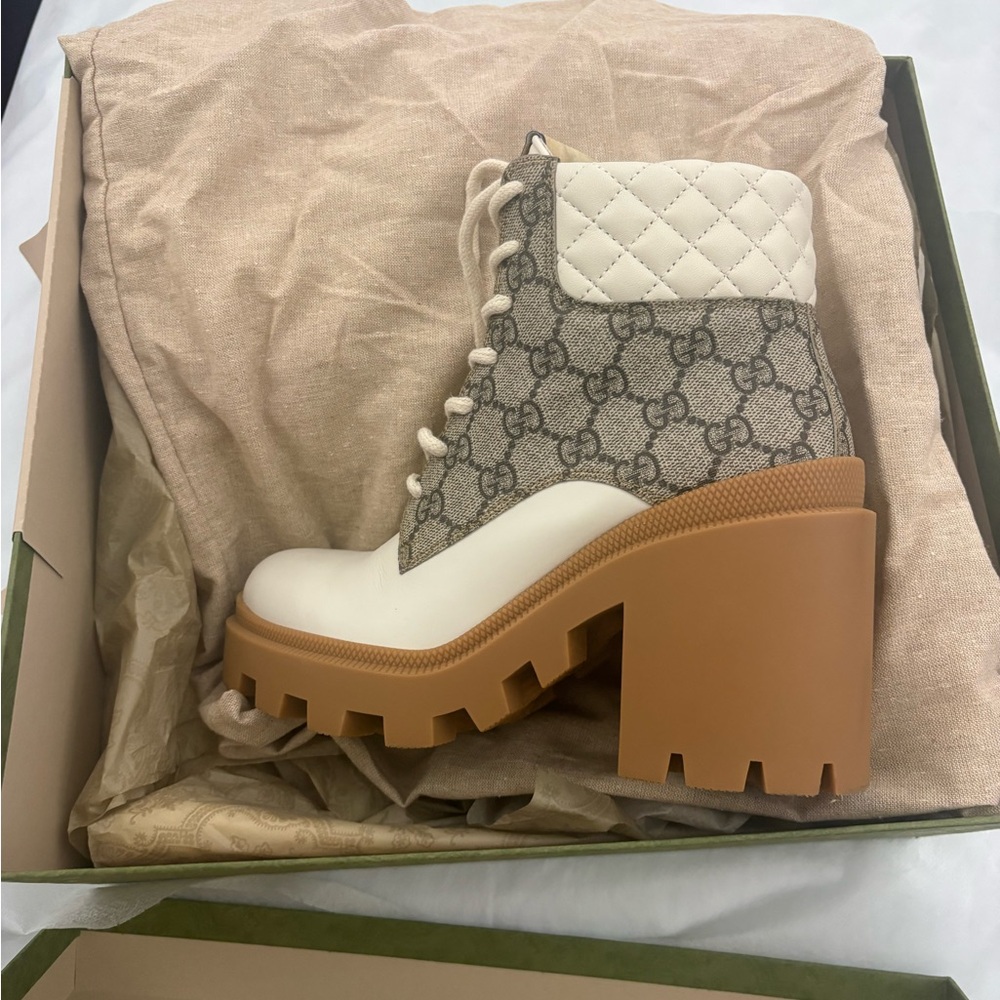 Gucci Cream Quilted Leather & GG Canvas Lug Sole Ankle Boots with Brown Platform